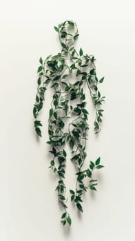 Human figure made of green leaves on plain background, concept of nature and ecology, AI Generated