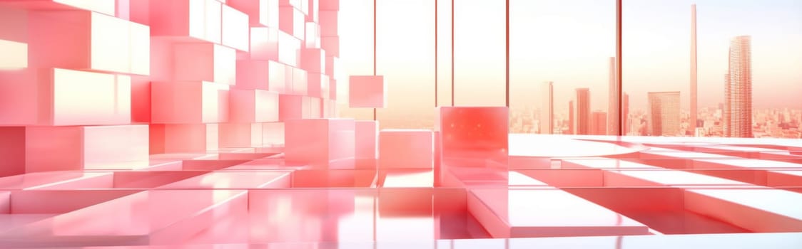 Abstract pastel pink geometric shapes with white sphere and blocks background, AI Generated