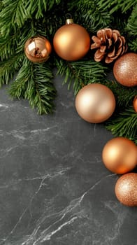 Elegant Christmas decorations with pine branches on a marble surface, creating a festive and classic atmosphere.