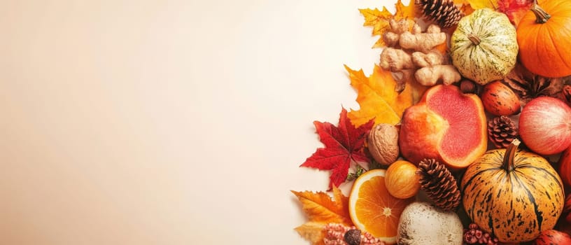 A collection of autumn fruits and leaves arranged on a blank background, perfect for seasonal designs with copy space.