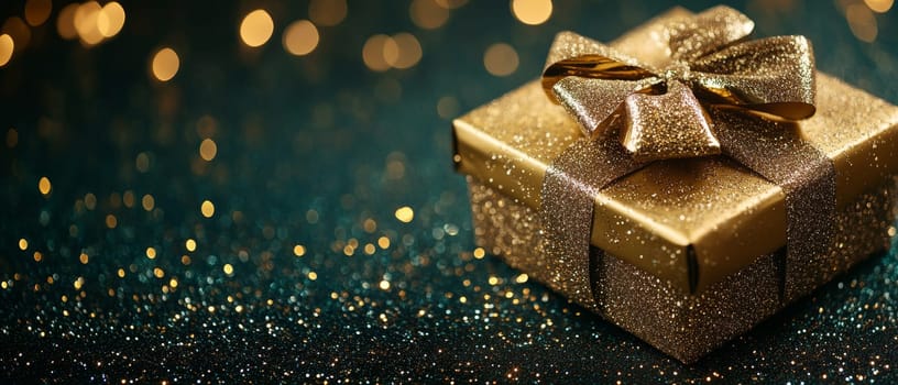 A beautifully wrapped gold gift box with glittery ribbon, set against a sparkling bokeh background, symbolizing luxury and celebration.
