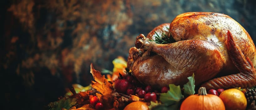 A beautifully roasted turkey surrounded by autumn leaves and fruits, embodying the essence of a Thanksgiving feast.