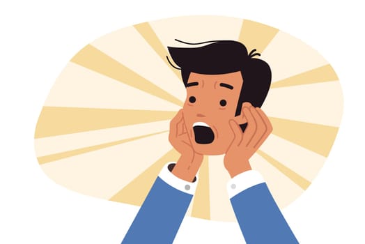 Head of shocked man in hands of business person, for concept of fear of uncertain future. Shocked businessman screams after learning about unsolvable problems and risk of bankruptcy of corporation
