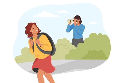 Problem of overprotection causes depression in girl with school backpack, seeing mother with binoculars. Woman spies on schoolgirl from bushes, due to overprotection and psychological disorder