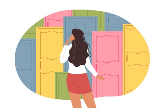 Difficult life choice faces woman standing near multi-colored doors in search of right path. Life choices on path of girl who needs help to avoid fatal mistake when getting education