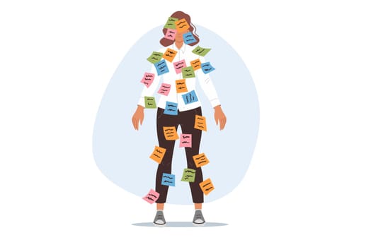 Importance of multitasking causes stress for business woman, with stickers on face and body. Girl office worker needs increased productivity and multitasking skills for career growth
