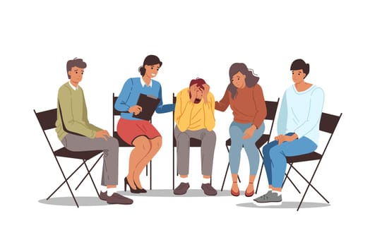 Group psychotherapy in alcoholics anonymous club, with team of people comforting upset man. Alcoholics anonymous section is trying to help friend who is victim of addiction to beer or vodka