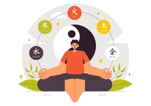 Feng Shui Oriental Philosophy Vector Illustration Featuring Stones and Plants for the Positive Energy of the Five Elements and the Balance of Yin Yang