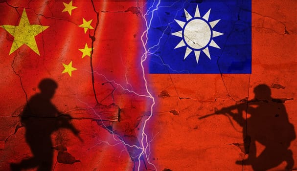 Taiwan vs China flag on cracked wall, geopolitical crisis