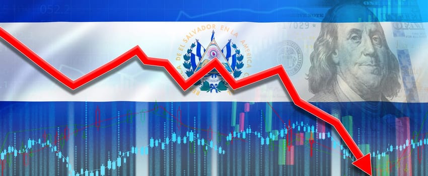 Crisis and financial fall of El Salvador in economic graph, economic collapse. Financial fall of the economy of El Salvador