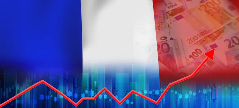 Growth of the French economy on the financial graph. France economy recovery on bar chart