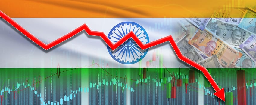 India financial crisis on economic graph, economic collapse. Financial fall of India economy on financial graph