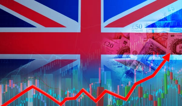 Growth of UK economy on the financial graph. UK financial growth concept, economic recovery