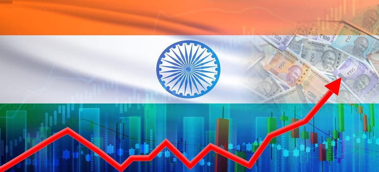 India financial growth concept, economic recovery. Growth of India economy on the financial graph