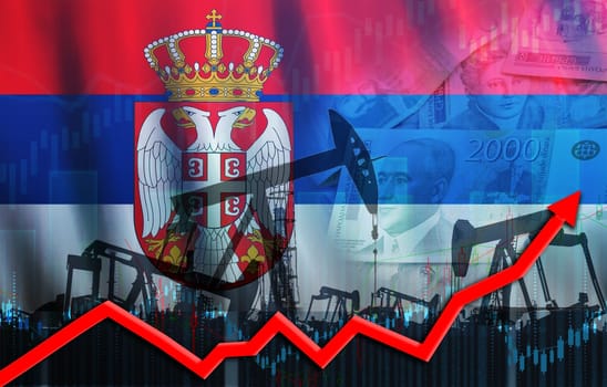Oil pumps with Serbian flag. Oil production with Serbia flag