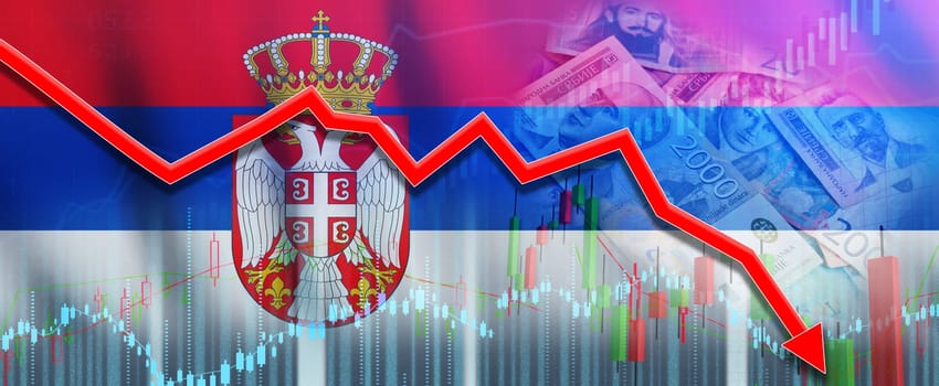 Serbia financial crisis on economic graph. Financial fall of Serbia economy on financial graph