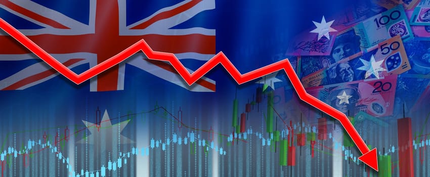 Financial fall of Australian economy on financial graph. Australia financial crisis on economic graph, economic collapse