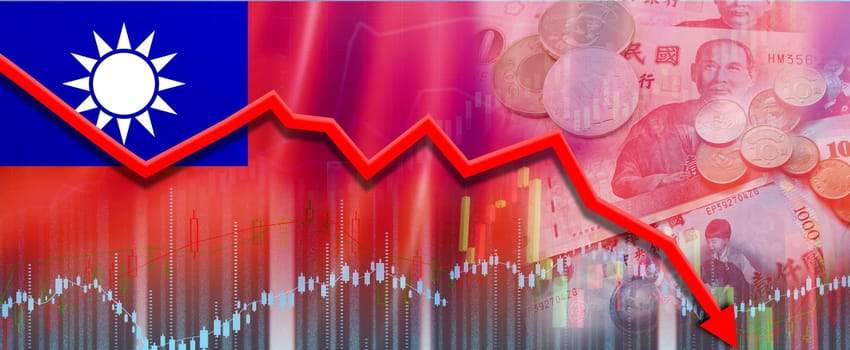 Taiwan financial crisis on economic graph.  Financial fall of Taiwan economy concept