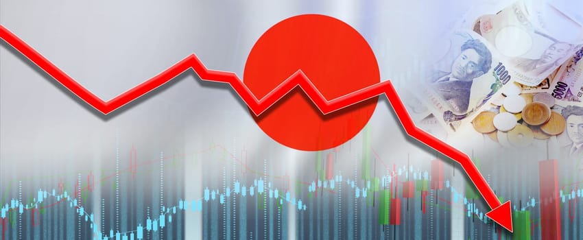Japan financial crisis on economic graph, economic collapse. Financial fall japan economy