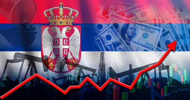 Oil production with Serbia flag. Oil pumps with Serbian flag