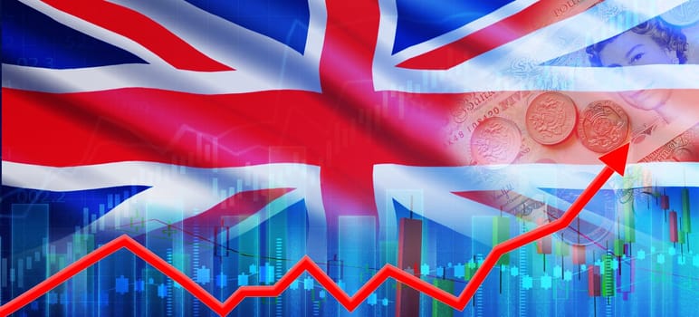 UK financial growth concept, economic recovery. Growth of UK economy on the financial graph