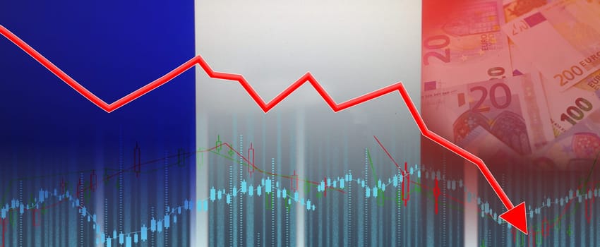 France financial crisis on economic graph, economic collapse. Financial fall of the French economy on financial graph