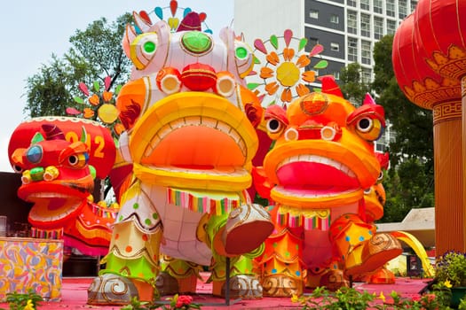 Park with traditional decoration dragon for chinese holiday. Hong Kong
