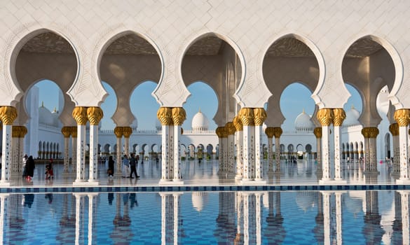 Beautiful gallery of famous Sheikh Zayed White Mosque in Abu Dhabi, UAE. Reflections