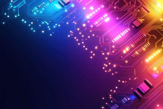 A colorful circuit board glows in vibrant neon hues against a dark, clean surface.