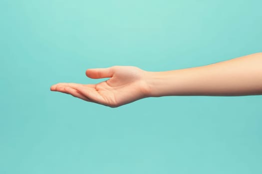 An open hand extends outward in a handshake gesture, symbolizing agreement or partnership. The background is a solid, clean blue, highlighting the gestures importance.
