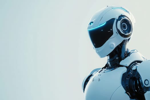 A sleek futuristic robot stands prominently, featuring advanced technology and a streamlined design. Its smooth exterior and illuminated elements highlight the innovation in robotics.