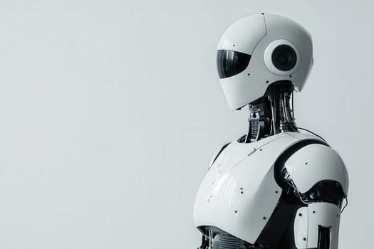 A futuristic robot is depicted in a sleek design, featuring a smooth white surface and intricate mechanical components.