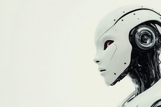 This robot features a smooth, white exterior with intricate internal mechanisms on display. Its facial design emphasizes a futuristic look, set against a clean, solid backdrop.
