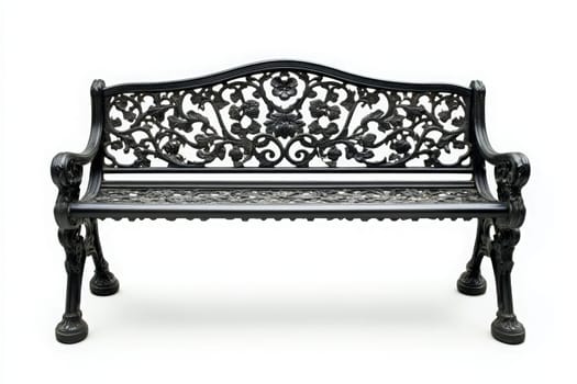 The ornate garden bench stands alone, showcasing intricate floral designs crafted from durable materials, perfect for outdoor relaxation in a tranquil garden setting.