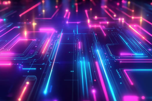 A vibrant circuit board design comes to life with glowing neon lines in shades of pink, blue, and purple against a dark backdrop, creating a dynamic, futuristic atmosphere.