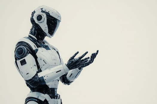 A sleek, futuristic robot stands against a clean, solid background, showcasing its intricate design and mechanical hands poised as if in contemplation.