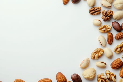 Assorted nuts including almonds, walnuts, and pistachios are elegantly scattered on a neutral background, showcasing their natural textures and colors, perfect for a healthy snack option.