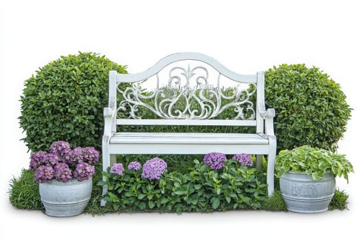 A beautifully crafted garden bench stands isolated, embraced by lush greenery and colorful flowers. This serene spot invites relaxation and peaceful moments in natures embrace.