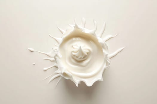 A dynamic splash of heavy cream is centrally displayed against a soft, neutral backdrop. The vibrant texture and glossy surface create an appealing visual sensation, emphasizing its creamy richness.