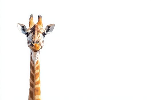 A giraffe stands isolated in the center, its long neck and distinctive coat patterns clearly visible. The creature exudes a sense of calm in this minimalist setting.