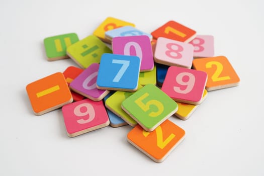 Number wood block cubes for learning Mathematic, education math.