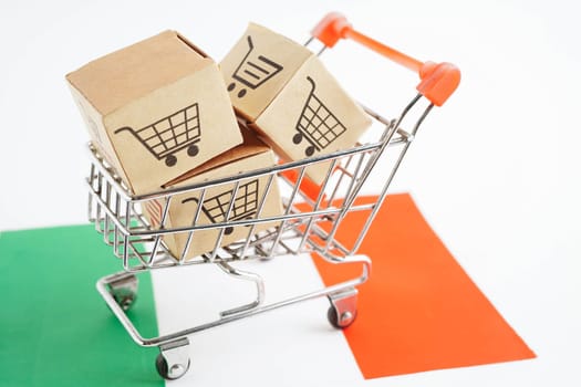 Online shopping, Shopping cart box on Italy flag, import export, finance commerce.