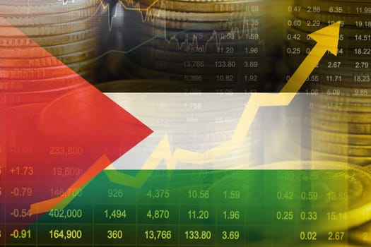 Palestine flag with stock market finance, economy trend graph digital technology.