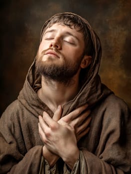 st Francis of Assisi, young man, monk, beard, brown clothing, AI generative.