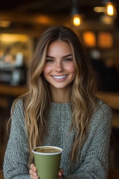sitting smiling young woman drinking matcha tee. AI generative.