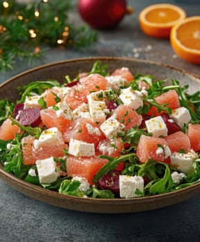 Salad with beetroot, tangerines, feta cheese and arugula,. AI generative