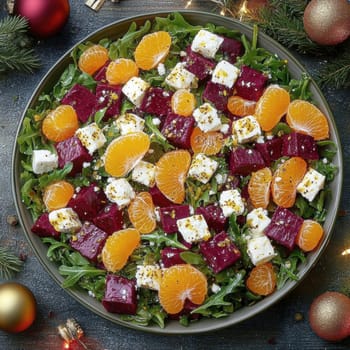 Salad with beetroot, tangerines, feta cheese and arugula,. AI generative