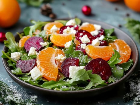 Salad with beetroot, tangerines, feta cheese and arugula,. AI generative