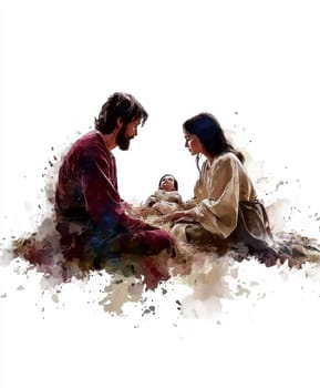 The painting depicts Mary, Joseph and the baby Jesus in a peaceful and holy scene, with Mary cradling Jesus in her arms and Joseph standing protectively by their side.AI generative.