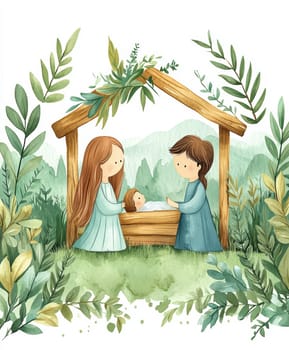 The painting depicts Mary, Joseph and the baby Jesus in a peaceful and holy scene, with Mary cradling Jesus in her arms and Joseph standing protectively by their side.AI generative.